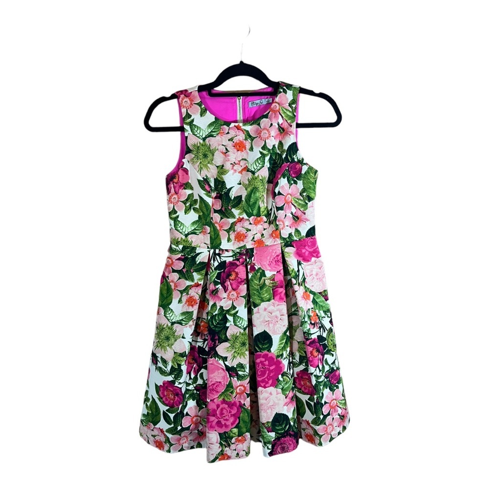 Eliza J Floral Fit-and-Flare Dress in Pink, Green, White